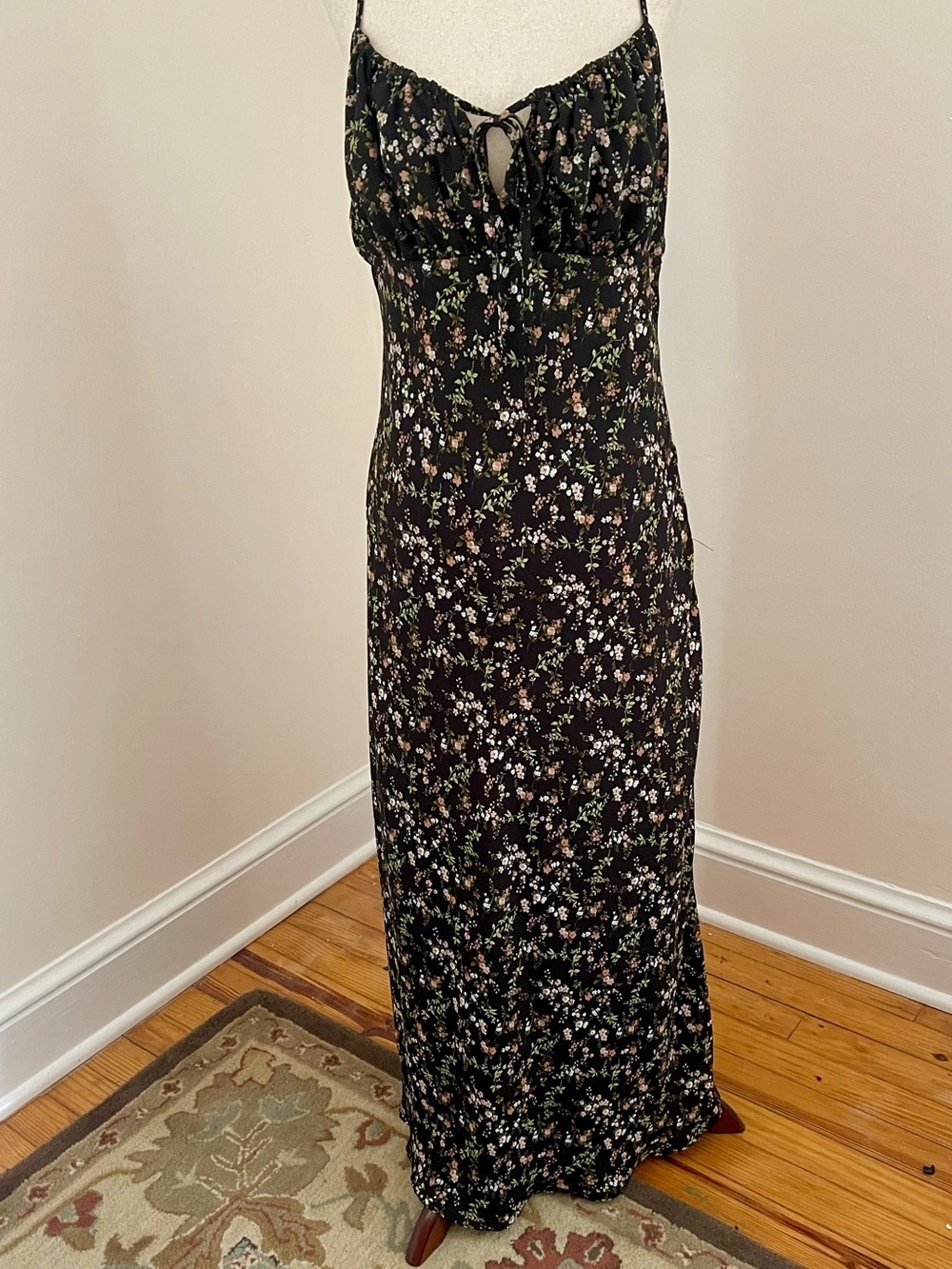 The Workshop Floral Milkmaid Maxi Dress L Black Cottagecore Tie Front Lined